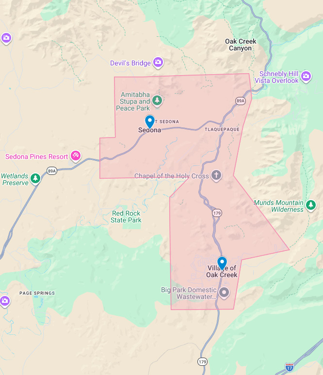 Area map of Sedona and the Village of Oak Creek in AZ